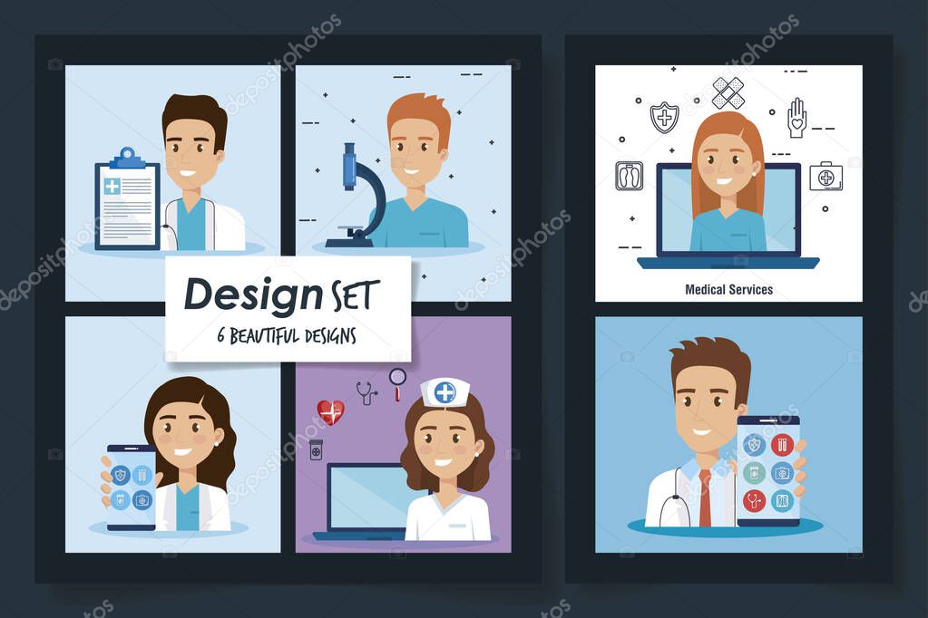 six designs of healthcare medical with doctors and icons