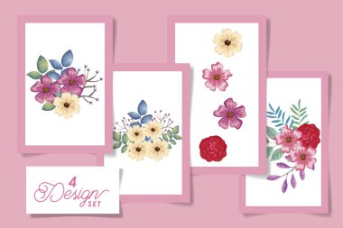 Doğal yaprağı olan dört çiçek dizaynı