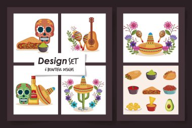 Geleneksel Meksika yemekli altı kafatası tasarımı.