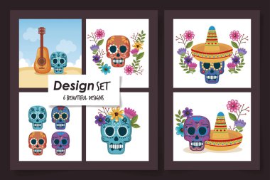 Geleneksel Meksika yemekli altı kafatası tasarımı.