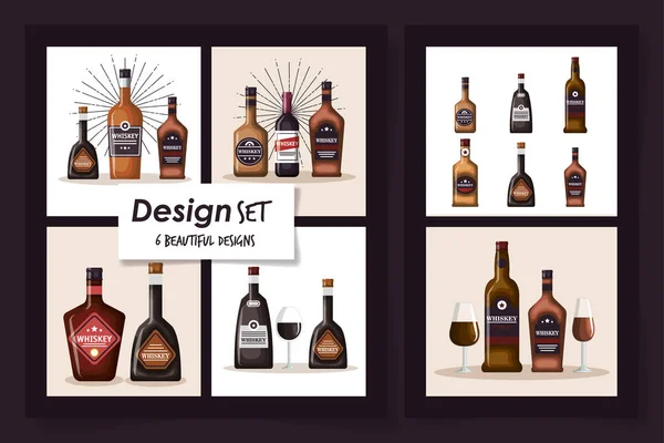 Six modèles de bouteilles de whisky et de verre à tasse — Image vectorielle