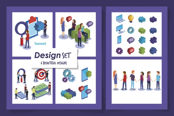 Seis diseños de trabajo en equipo con personas y objetos — Vector de stock