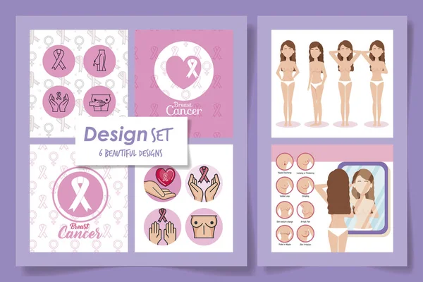 Seis diseños de conciencia sobre el cáncer de mama — Archivo Imágenes Vectoriales