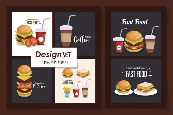 Seis diseños de comida rápida deliciosa — Vector de stock