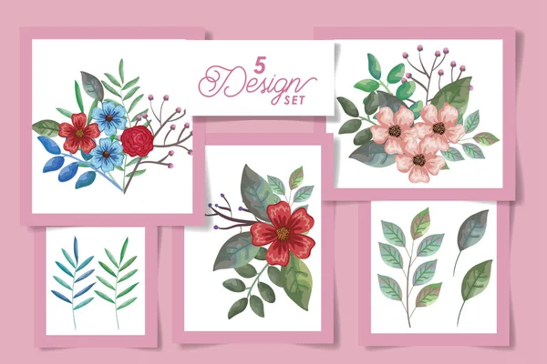 Cinco desenhos de flores de decoração com folhas naturais — Vetor de Stock
