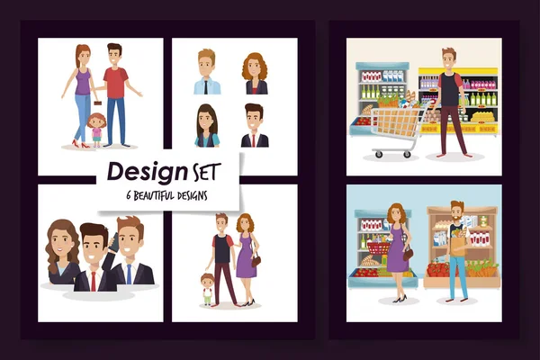 Seis desenhos de pessoas de negócios e comprador com família —  Vetores de Stock