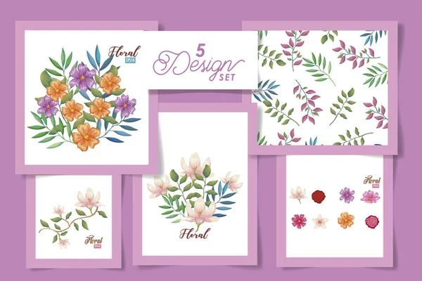 Five designs of flowers and leafs decoration — Stock vektor