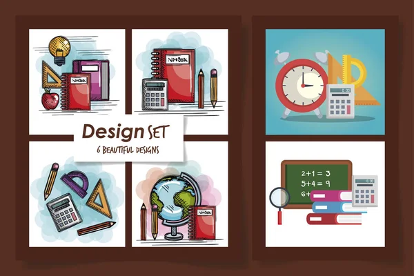 Six designs of school education supplies — Stock Vector