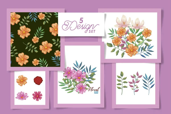 Πέντε σχέδια λουλουδιών και φυλλώματος — Διανυσματικό Αρχείο