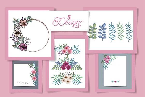 五款带有自然叶子装饰花的设计 — 图库矢量图片