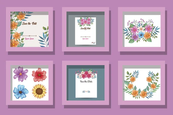 Bundle of cards invitation with flowers decoration — Stock vektor