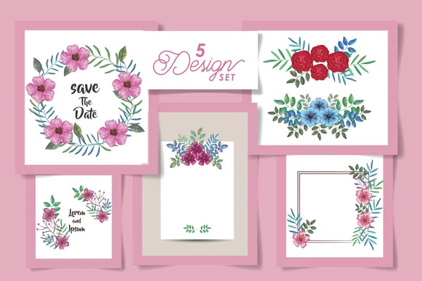 Five designs of cards with flowers and leafs naturals — Stock vektor