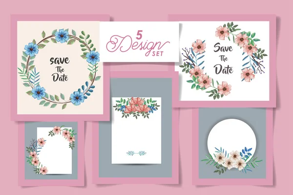 Πέντε σχέδια καρτών με λουλούδια και φύλα — Διανυσματικό Αρχείο