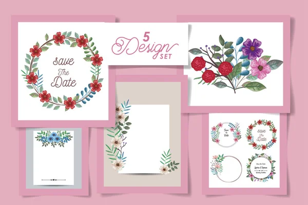 Five designs of cards with flowers and leafs naturals — Stock vektor