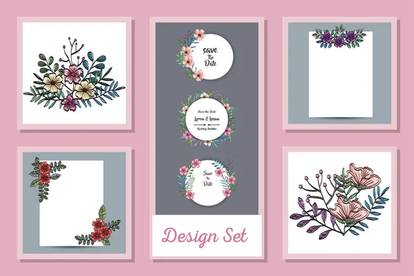 Dessins ensemble de cartes avec des fleurs de décoration et des feuilles — Image vectorielle
