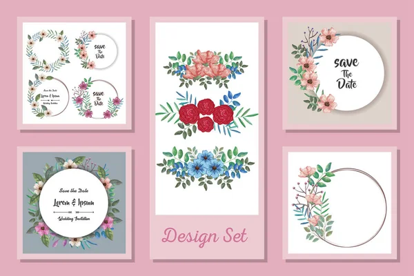 Ontwerpen set kaarten met decoratie bloemen en bladeren — Stockvector