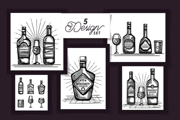 Cinco diseños de dibujo de botellas de whisky y vasos de vidrio — Vector de stock