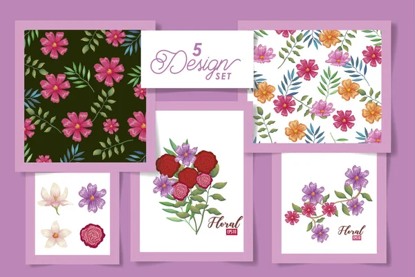 Vijf ontwerpen van bloemen en bladeren decoratie — Stockvector