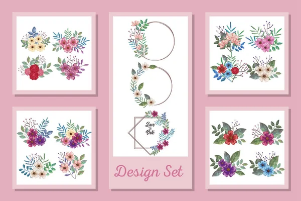 Ontwerpen set van decoratie van bloemen met bladeren — Stockvector