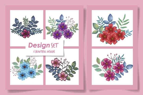 Six designs of flowers with leafs naturals — Stock vektor