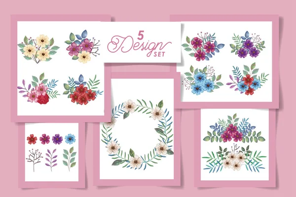 Vijf ontwerpen van decoratie bloemen met bladeren naturals — Stockvector