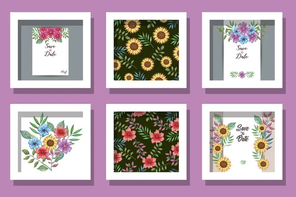 Bundle of cards invitation with flowers decoration — Stock vektor