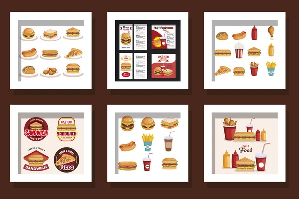 Desenhos de pacote de cartões menu fast food — Vetor de Stock
