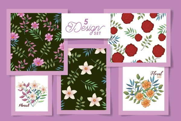 ห้าการออกแบบของดอกไม้และใบตกแต่ง — ภาพเวกเตอร์สต็อก