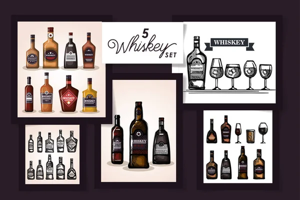 Fünf Flaschendesigns Whisky und Becherglas — Stockvektor