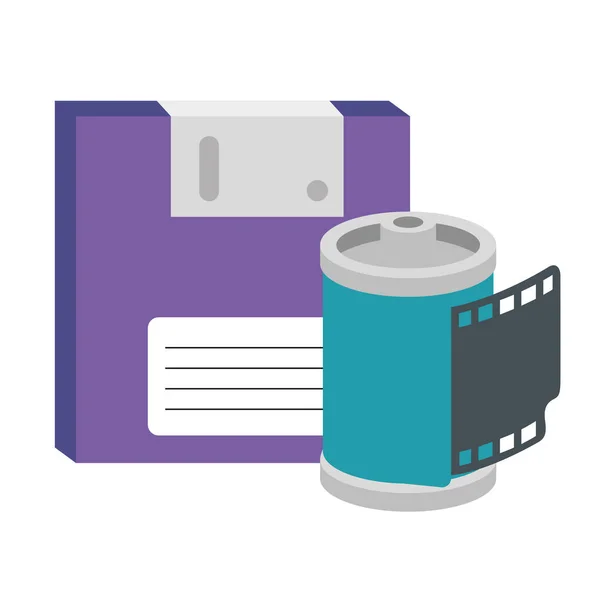 Roll camera with floppy of nineties retro isolated icon — 스톡 벡터