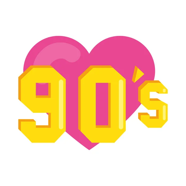 Signo de los noventa con corazón estilo retro icono aislado — Vector de stock