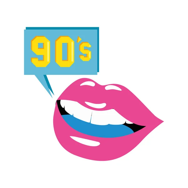 Labbra con segno di anni novanta in bolla di discorso — Vettoriale Stock