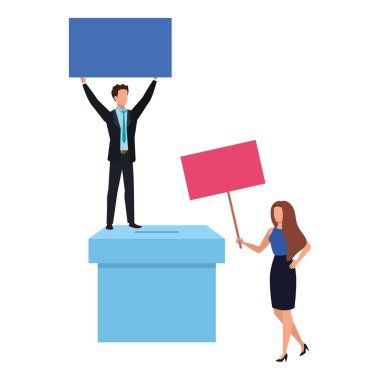 business couple with ballot box isolated icon