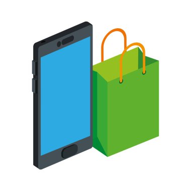 bag shopping with smartphone isolated icon