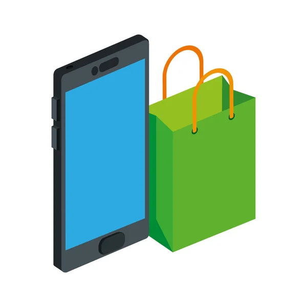 Bolsa de compras con teléfono inteligente icono aislado — Vector de stock