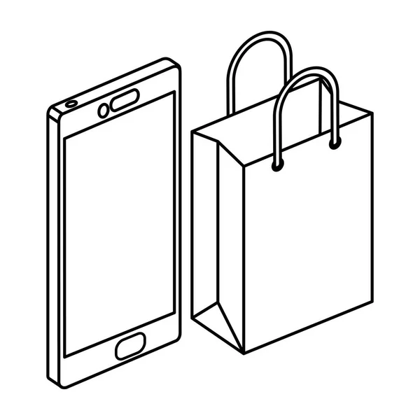 Smartphone con bolsa de compras icono aislado — Vector de stock