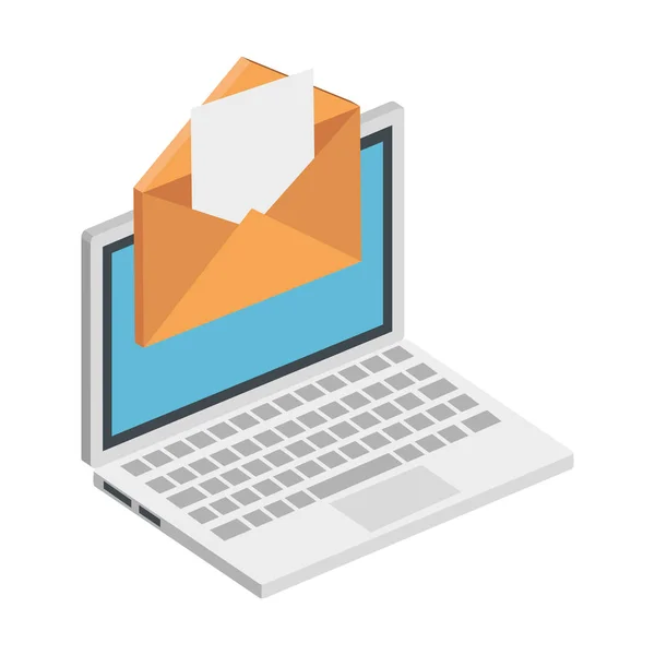 Laptop computer with envelope mail isolated icon — Stock Vector