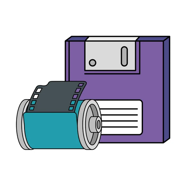 Diskette mit Roll-Kamera 90er Jahre Retro-Stil isoliert Symbol — Stockvektor