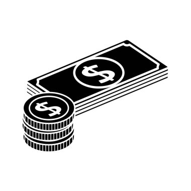 Yığınla bozuk para içeren yığın banknotlarının silueti izole edilmiş simge