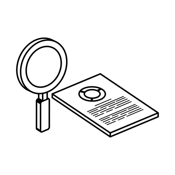 Document with circular statistical and magnifying glass — Stock Vector