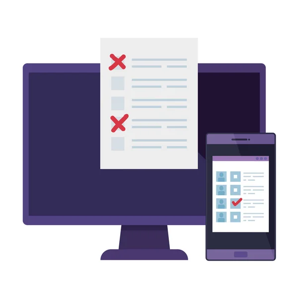 computer with smartphone for vote online isolated icon