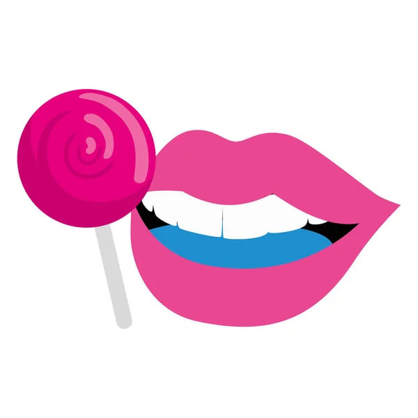 Sexy labios con piruleta aislado icono — Vector de stock