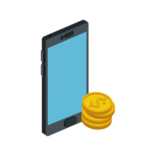 Dispositivo smartphone con monedas de pila icono aislado — Archivo Imágenes Vectoriales