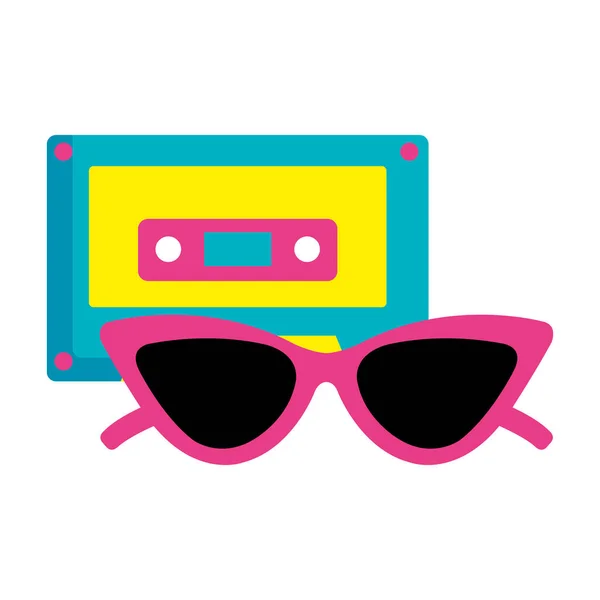 Cassette muziek met zonnebril pop art stijl icoon — Stockvector