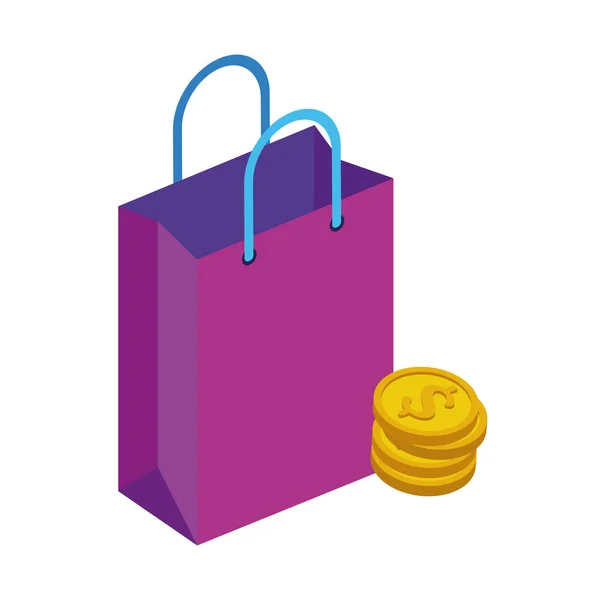 Saco de compras com pilha moedas ícone isolado — Vetor de Stock