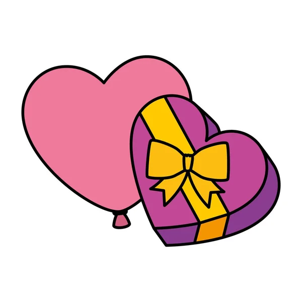 Gift in heart shape with balloon air helium isolated icon — Stok Vektör