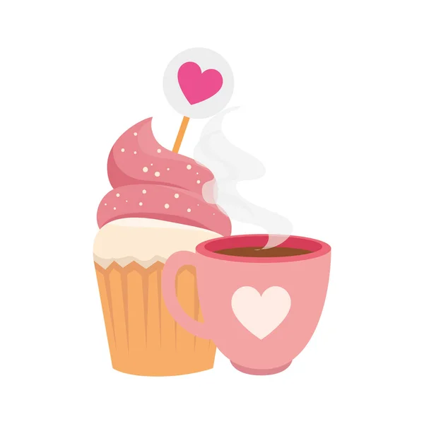 Tasse Kaffee mit Cupcake isoliert Symbol — Stockvektor