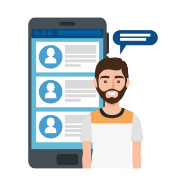 Sohbet ikonu olan genç adam ve akıllı telefon