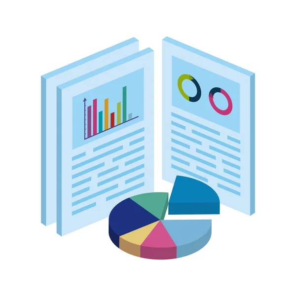 Documents avec graphique statistique circulaire icône isolée — Image vectorielle