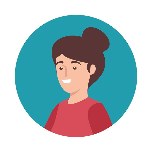 Wajah wanita muda dalam bingkai avatar melingkar karakter ikon - Stok Vektor